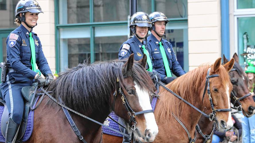  Mounted officers of the Hampden County Sheriff’s Department take part in the 71st annual St. Patrick’s Day parade in Holyoke on Sunday.