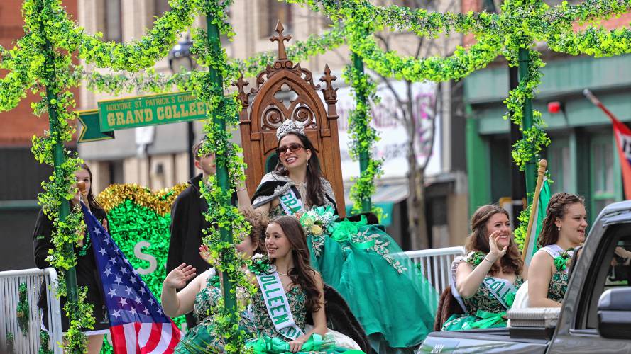  Elizabeth Katherine Gourde, sitting on a wooden chair on an ivy-coated float, served as the Grand Colleen of the 71st annual St. Patrick’s Day parade in Holyoke on Sunday.