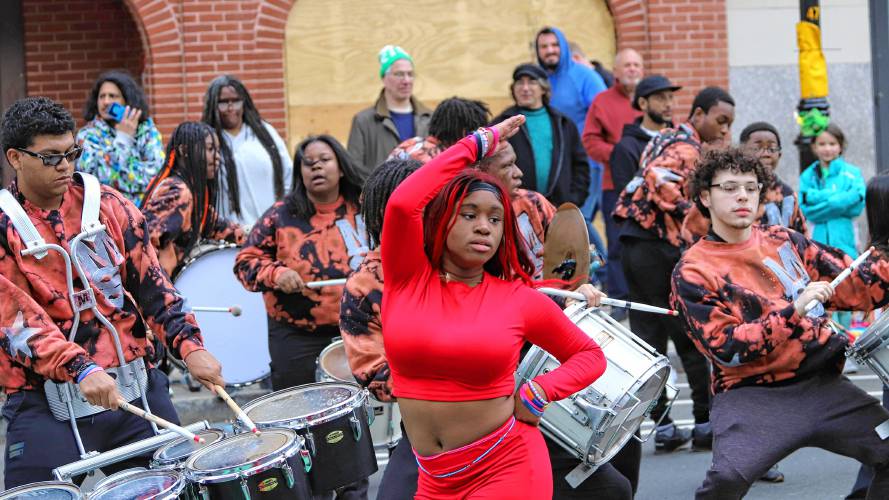  Members of the Magic Soul Drumline band of Hartford,  Connecticut, perform in the 71st annual St. Patrick’s Day parade in Holyoke on Sunday.