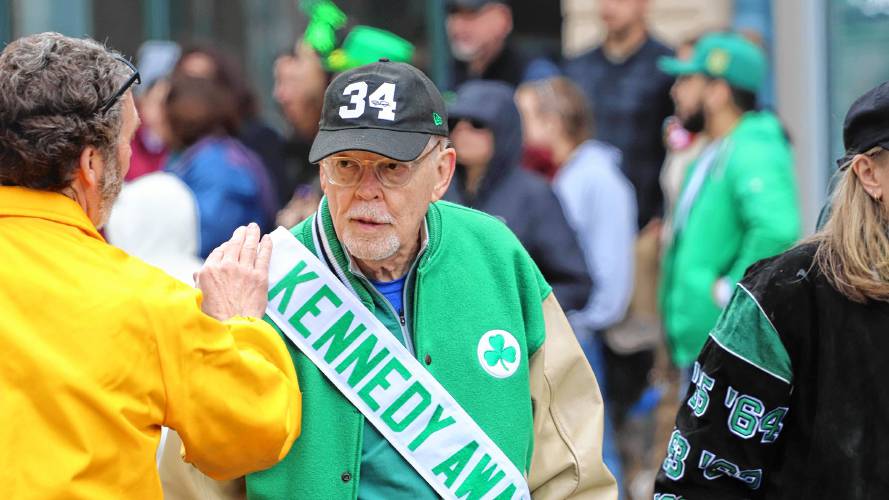  Boston Celtics play-by-play commentator Mike Gorman marches in the 71st annual St. Patrick’s Day parade in Holyoke on Sunday. Gorman was honored with the parade’s John F. Kennedy National Award, honoring an Irish-American who has distinguished themselves in their chosen field.