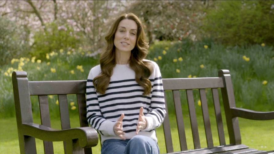 This grab taken from a video released by the BBC Studios on Friday March 22, 2024, shows Britain's Kate, the Princess of Wales recording her message announcing that following her abdominal surgery in January 