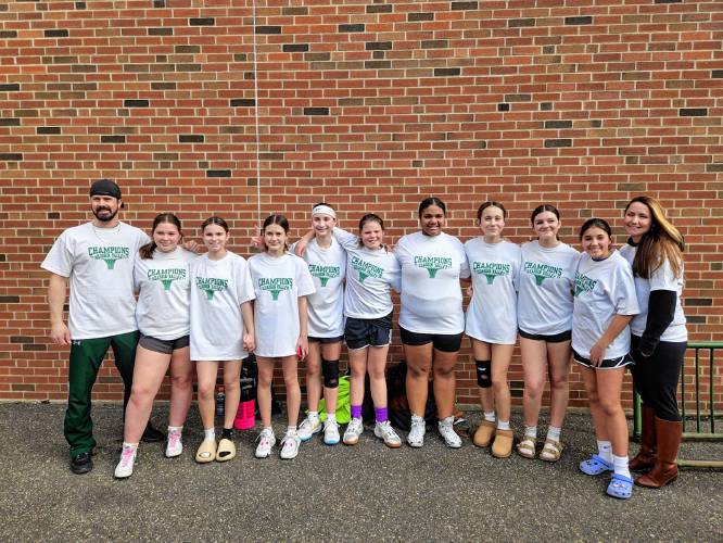 The Granby girls’ seventh and eighth grade basketball team went undefeated this winter. Pictured are (left to right): Coach Mark, Sophia Labonte, Ruby Murdza, Kaylee Vincelette, Ari Mislak, Rowan Cook, Ciara Pytel, Makayla Dennis, Sophia Rodrigues, Stella Siudak and Coach Maggie.