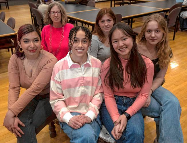 Now in its seventh year, the Northampton Student Union serves as a bridge between the school administration and Northampton High School. Front row, from left, are Zara Usman, the union’s School Committee representative, Sabrina Hopkins, president, and Giselle Ohm, vice president. Back row, from left, are Sue Sullivan, teacher advisor, Evelyn Smith, secretary, and Frankie Adams-Sternal, treasurer.