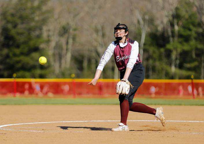 Easthampton pitcher Rosie Follet (14) throws against Hampshire Regional in the bottom of the first inning Friday in Westhampton.