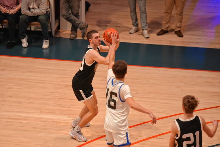 Pioneer Valley’s Josh Wood spots up for a 3-pointer during the Naismith Memorial Basketball Hall of Fame Western Mass. Class C and D Senior All-Star Game on Thursday night in Springfield.