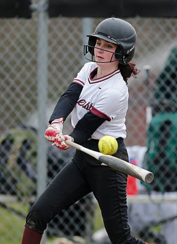 Amherst’s Rosalee Davis (2) hits a triple against St. Mary’s in the bottom of the second inning Friday in Amherst.