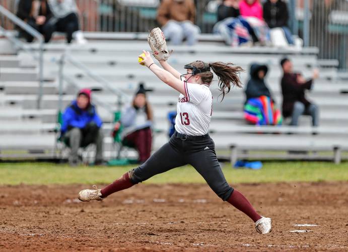 Amherst pitcher Mia Shaw (13) throws against St. Mary’s in the top of the fifth inning Friday in Amherst.