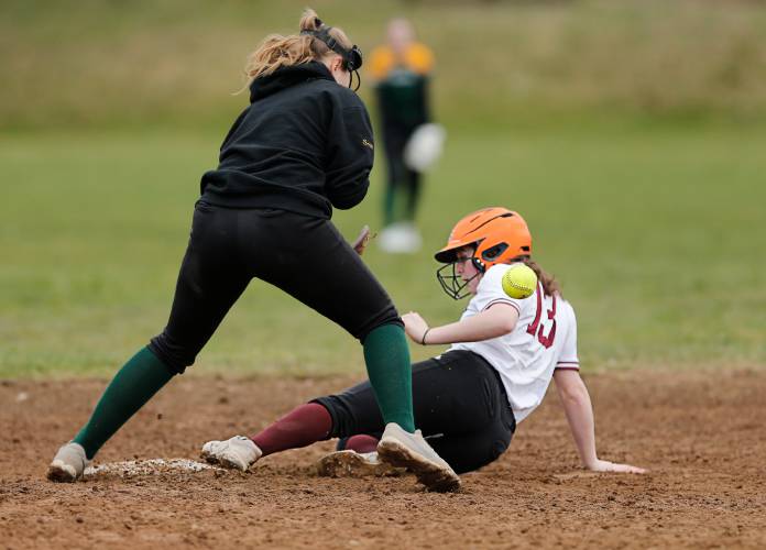 Amherst baserunner Mia Shaw (13) steals second base ahead of the tag from St. Mary’s in the bottom of the second inning Friday in Amherst.