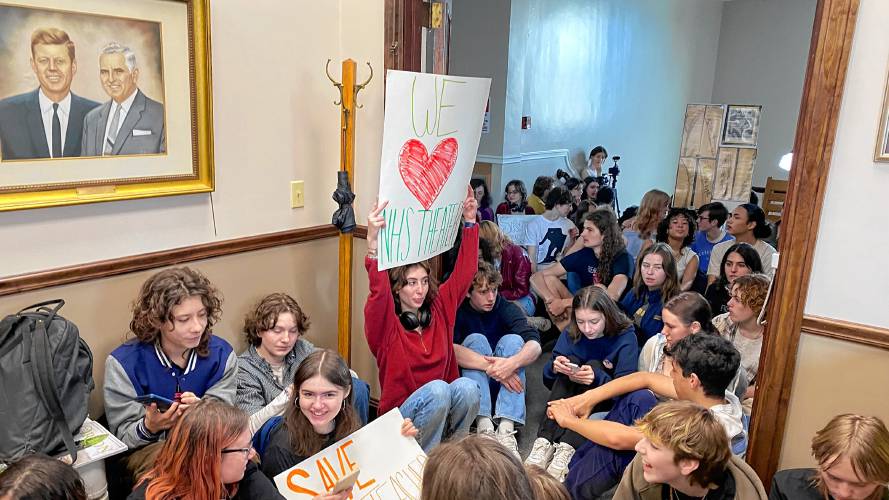Students staged a sit-in at the office of Mayor Gina-Louise Sciarra on Wednesday ahead of a vote on the upcoming school budget, in protest of proposed cuts to the school’s theater department. 