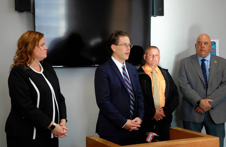 First Assistant Northwestern District Attorney Steve Gagne speaks during a press conference with Deputy District Attorney Jennifer Suhl, left, and Lt. Gary Poehler and Chief Kevin O’Grady of the Granby Police Department after the sentencing hearing for Cara Rintala at Hampshire Superior Court on Thursday in Northampton.
