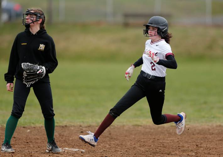 Amherst’s Rosalee Davis (2) rounds second base en route to a triple against St. Mary’s in the bottom of the second inning Friday in Amherst.