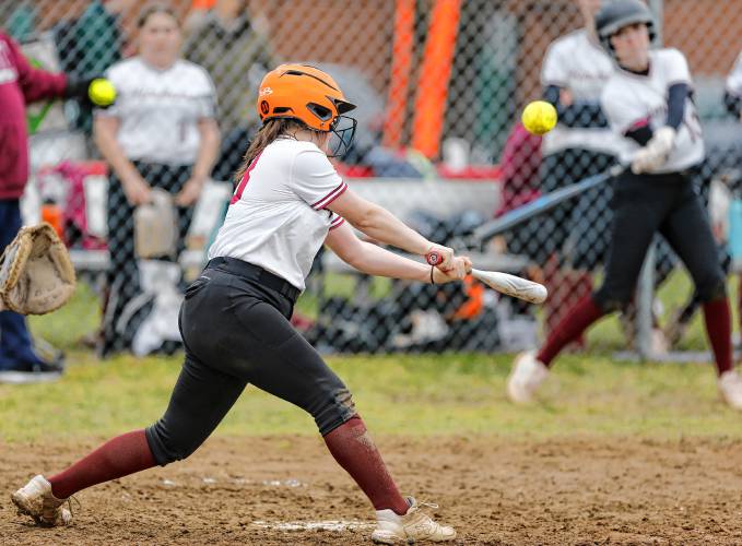 Amherst’s Mia Shaw (13) hits a double against St. Mary’s in the bottom of the fourth inning Friday in Amherst.