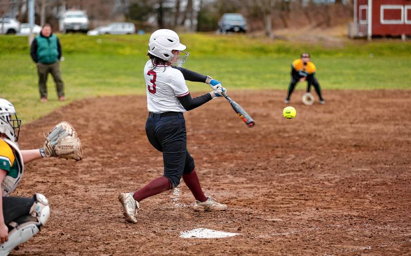 Amherst’s Sofia Holden (3) hits against St. Mary’s in the bottom of the third inning Friday in Amherst.
