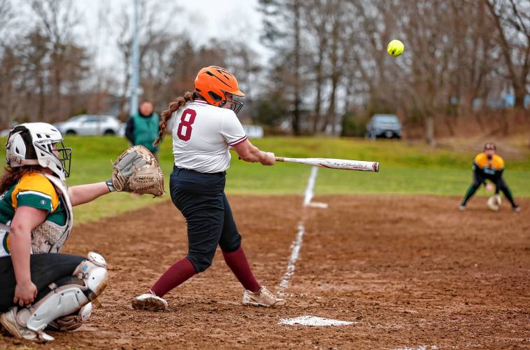 Amherst’s Riana Shaw (8) hits a double in the bottom of the third inning against St. Mary’s on Friday in Amherst.