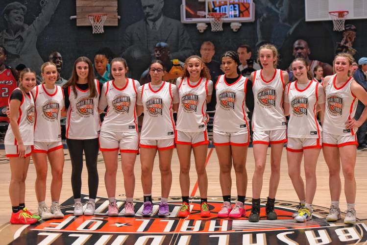 Team White poses for a picture at Center Court following the Naismith Memorial Basketball Hall of Fame Western Mass. Girls Senior All-Star Game on Thursday night in Springfield.