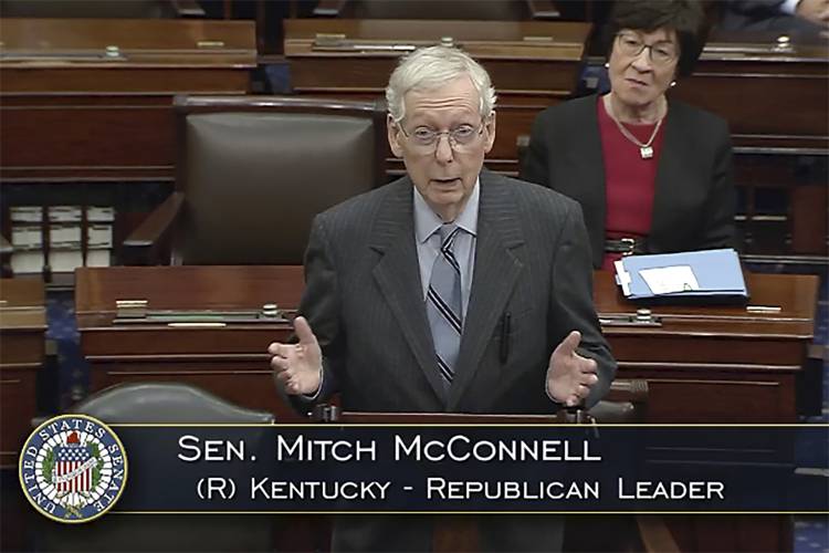 In this image from video provided by Senate TV, Senate Minority Leader Mitch McConnell of Ky., speaks on the Senate floor. McConnell says he'll step down as Senate Republican leader in November. The 82-year-old Kentucky lawmaker is the longest-serving Senate leader in history. He's maintained his power in the face of dramatic changes in the Republican Party. He's set to make the announcement Wednesday McConnell on the Senate floor. (Senate TV via AP, File)