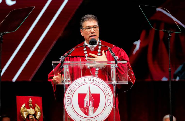 Javier Reyes speaks during the inauguration ceremony as the 31st leader  of the University of Massachusetts on Friday at the Mullins Center in Amherst.