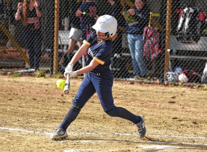 Northampton’s Haly Doucette-Kaplan connects for a double against Mahar during Franklin County League East action on Monday in Orange.