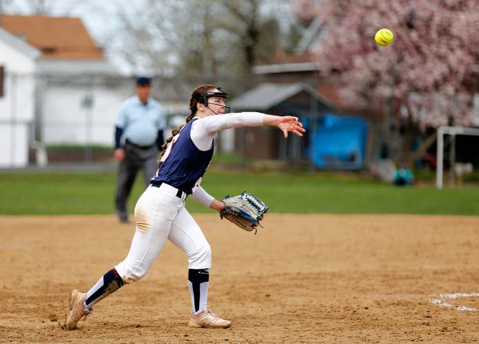 Frontier pitcher Ashley Taylor (6) throws to first base for an out against South Hadley in the bottom of the fourth inning Friday in South Hadley.