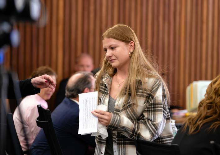Brianna Rintala is shown after giving a statement during the sentencing hearing for her mother Cara Rintala, Thursday,   in Hampshire Superior Court.
