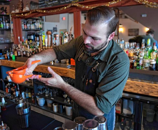 At Homestead restaurant in Northampton, Steven LeBlanc mixes a new drink he’s created, called the Thirty-Eight Snub, for Bar Boss, a competition hosted by the actors Bryan Cranston and Aaron Paul from the popular AMC television series “Breaking Bad.”