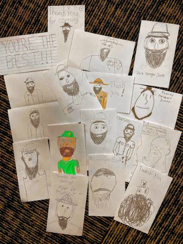 Students in Kevin Hodgson’s sixth grade class in Southampton drew pictures of visiting National Park Ranger Scott Gausen and his beard.