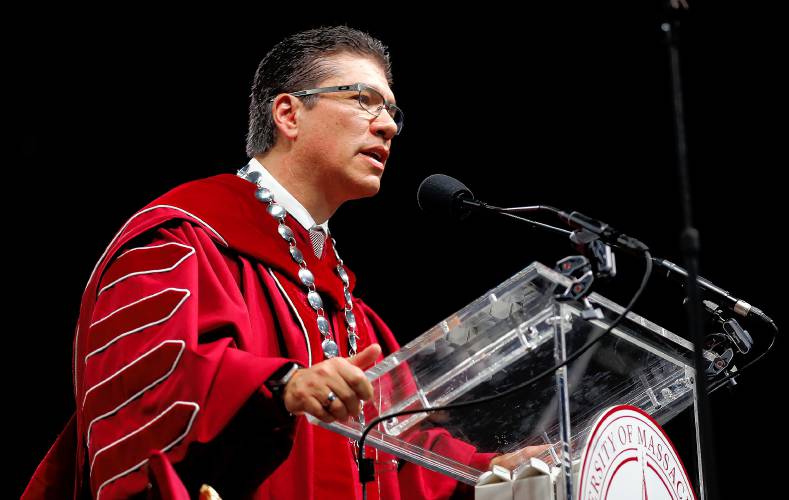 Javier Reyes speaks during his inauguration ceremony as the 31st leader of the University of Massachusetts on Friday at the Mullins Center in Amherst.