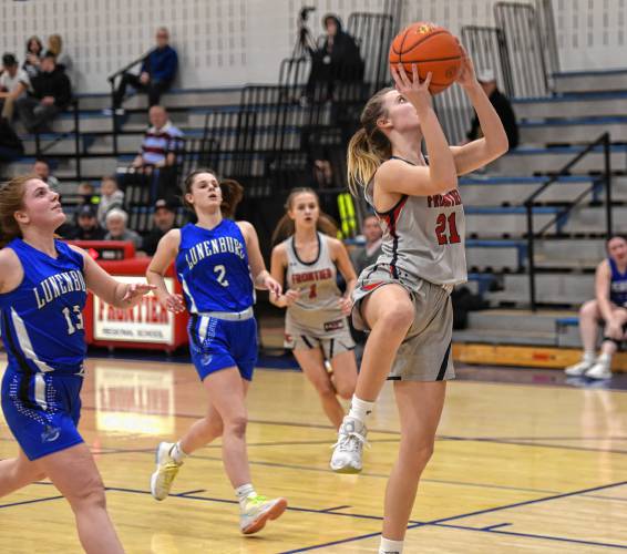 Frontier’s Olivia Machon goes to the basket against Lunenburg during the Redhawks’ 59-34 victory in the MIAA Division 4 Round of 32 on Thursday night at Goodnow Gymnasium in South Deerfield.