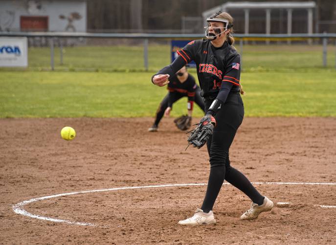 South Hadley’s Ella Schaeffer (14) delivers a pitch against Easthampton during the visiting Tigers’ 1-0 victory on Monday at Nonotuck Park in Easthampton.