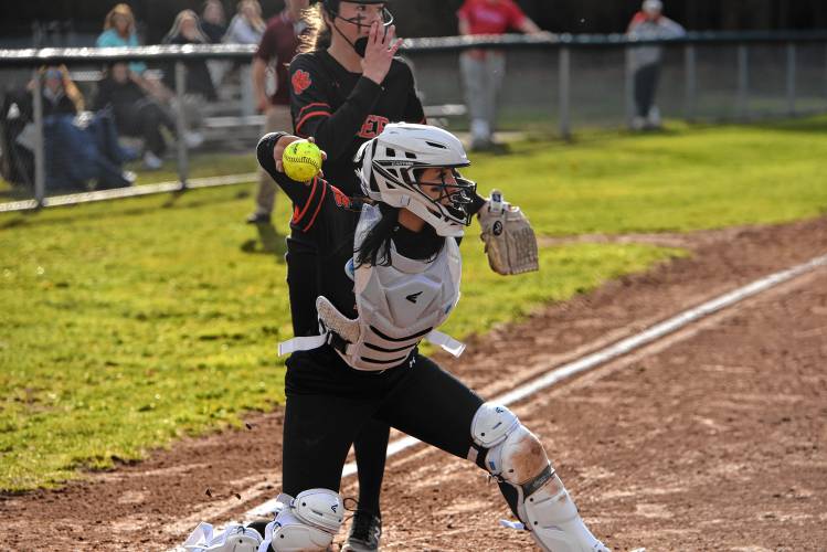 South Hadley catcher Ara Powers picks up an Easthampton bunt attempt and fires to first base for an out during the visiting Tigers’ 1-0 victory on Monday at Nonotuck Park in Easthampton.