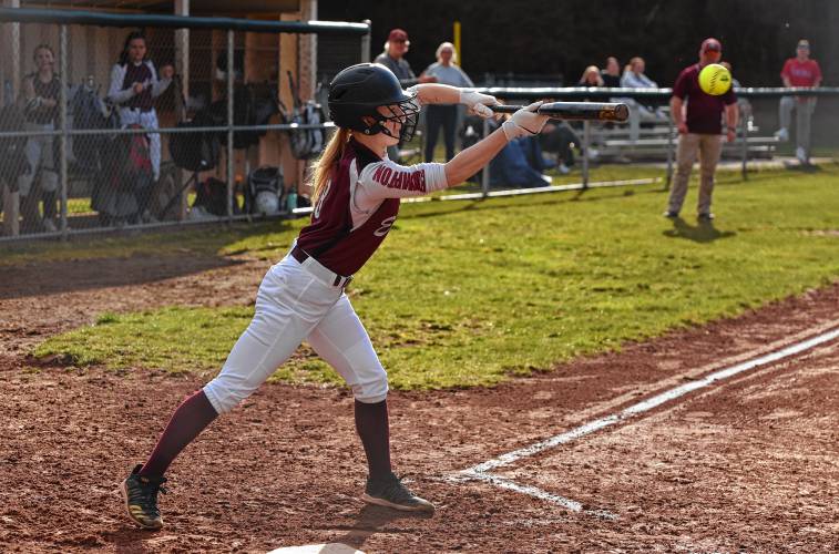 Easthampton’s Megan Fickett (8) lays down a bunt against South Hadley during the visiting Tigers’ 1-0 victory on Monday at Nonotuck Park in Easthampton.