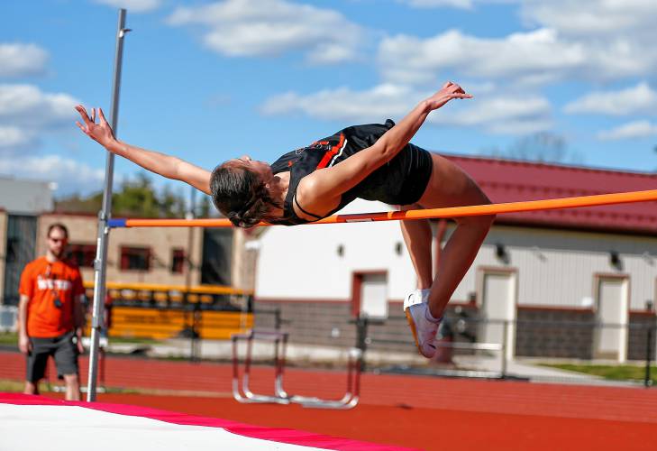 Belchertown’s Cameron Ting competes in the high jump Tuesday during their meet against Easthampton at Mountain View School in Easthampton.