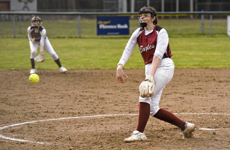Easthampton’s Rosie Follet delivers a pitch against South Hadley during the visiting Tigers’ 1-0 victory on Monday at Nonotuck Park in Easthampton.