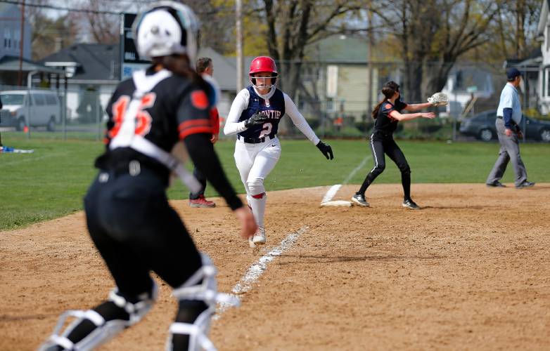 Frontier baserunner Whitney Campbell (2) sprints home to score against South Hadley in the top of the seventh inning Friday in South Hadley.