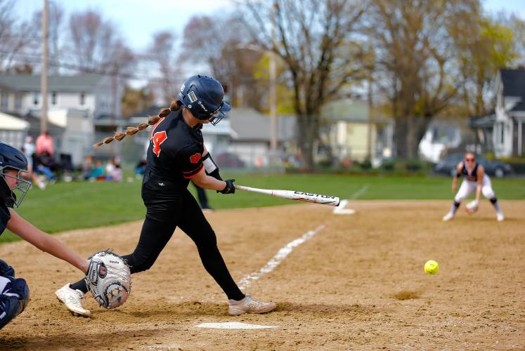 South Hadley’s Isabella Schaeffer (14) hits a single in the bottom of the sixth inning against Frontier on Friday in South Hadley.