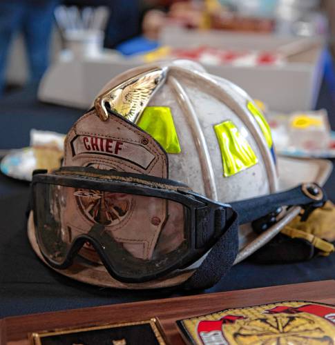 Robert Authier's fire helmet given to him a this retirement celebration at the South Hadley station Friday afternoon, Jan 5, 2024.