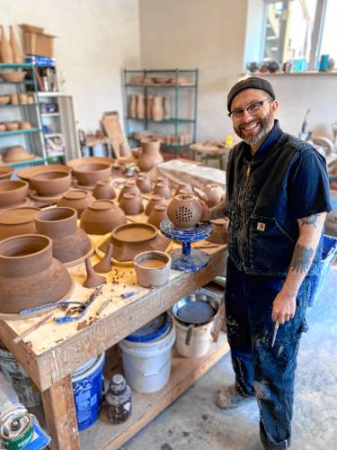 Florence potter Steve Théberge in his studio. He’s hosting two guest artists from North Carolina as part of this year’s Asparagus Valley Pottery Trail; their work, he says, helps give him “a real creative shot in the arm.”