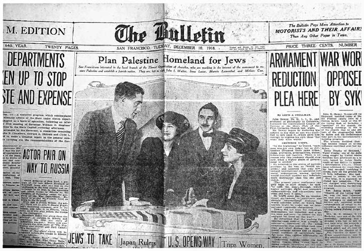 The San Francisco Bulletin front page of Dec. 10, 1918 reports on early plans for a Jewish homeland in Palestine.