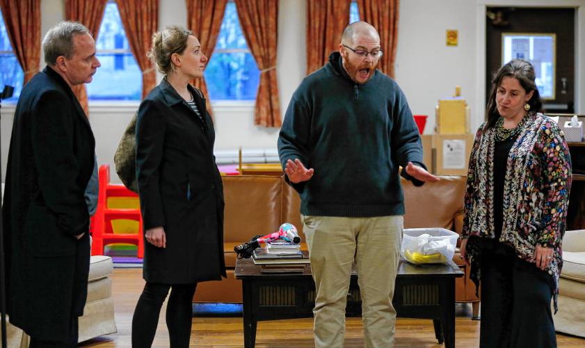 From left, Tom Piccin, Maggie McCally, Matt O’Reilly and Gilana Chelimsky rehearse in spring 2023 in the parish hall of St. Phillip’s Episcopal Church in Easthampton for Easthampton Theater Company’s production of “God of Carnage.”
