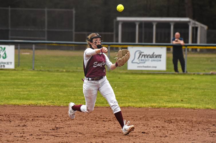 Easthampton shortstop Kayley Downie (11) fields a ground ball and fires to first base for an out against South Hadley during the visiting Tigers’ 1-0 victory on Monday at Nonotuck Park in Easthampton.