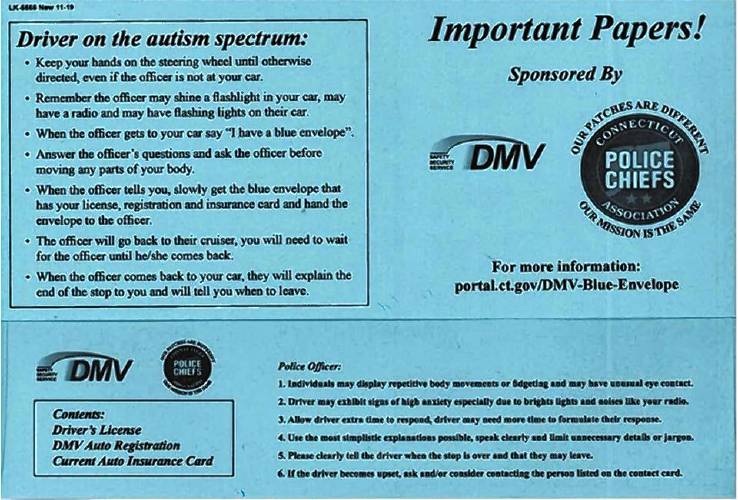 The Massachusetts Senate on Thursday approved the “blue envelope” bill sponsored by state Sen. Jo Comerford, D-Northampton. The voluntary  program would make available “blue envelope” to hold the driver’s license, registration and insurance cards of a driver with autism. Connecticut has a similar program shown here.  
