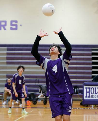 Holyoke’s Adrian Centeno-Feliciano (4) sets the ball in the first set against Athol on Friday in Holyoke.