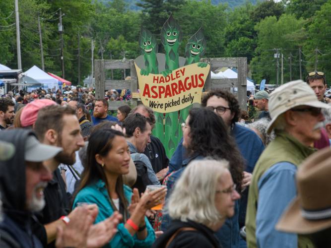 Visitors throng New England Public Media’s Asparagus Festival on the Hadley Town Common on West Street on June 3, 2023.