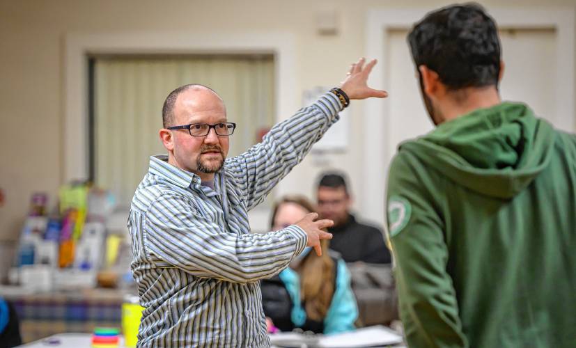 “Let me demonstrate”: Director Jason Rose-Langston works with Jay Torres while rehearsing a scene from Easthampton Theater Company’s “Torch Song.”