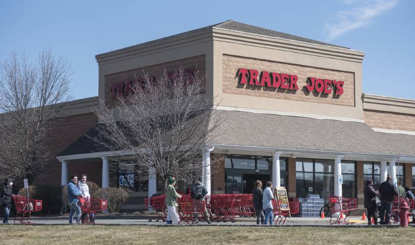Trader Joe’s in Hadley is shown during the COVID-19 pandemic after it began capping the number of patrons who could enter the store, March 21, 2020.