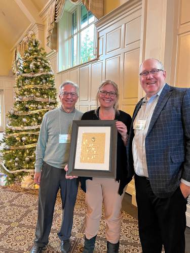From left to right: Northampton Country Club owners Jim Casagrande and Chrissy Casagrande receive the New England Golf Course Owners Association’s 2024 Golf Course of the Year Award from NEGCOA director Marshall Anderson earlier this week in Haverhill.