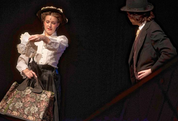 Aoife Reynolds as Mary Poppins and Matt Cesare as George Banks rehearse for Hampshire Regional High School’s production of “Mary Poppins” this weekend. The show runs Friday and Saturday at 7 p.m. and Sunday at 2 p.m. 