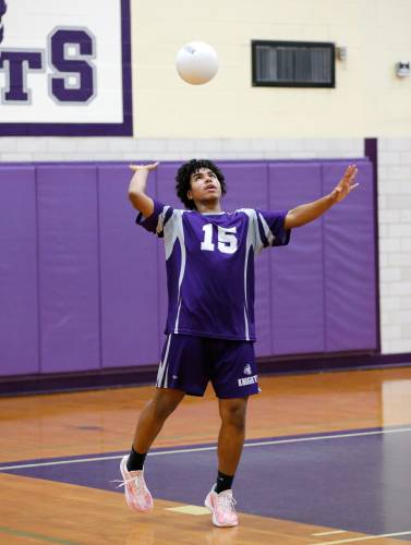Holyoke’s Gedeon Ortiz-Torres (15) serves against Athol in the first set Friday in Holyoke.