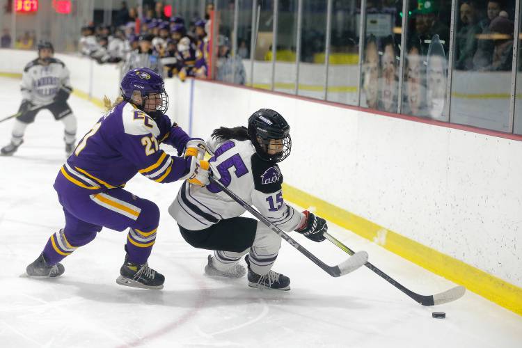 Amherst College’s Alyssa Xu (15) maneuvers the puck against Elmira College’s Anna Lugge (21) in the first period of the NCAA quarterfinals Saturday afternoon at Orr Rink.