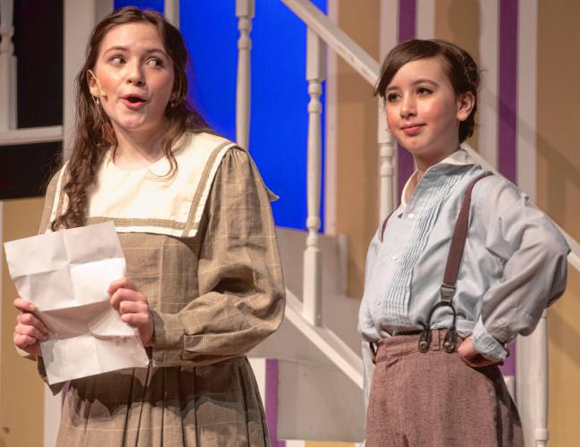  Lucy McVey as Jane Banks, and Izzy Torres-Mor, as Michael Banks, rehearse for Hampshire Regional High School’s production of “Mary Poppins” this weekend. The show runs Friday and Saturday at 7 p.m. and Sunday at 2 p.m.   